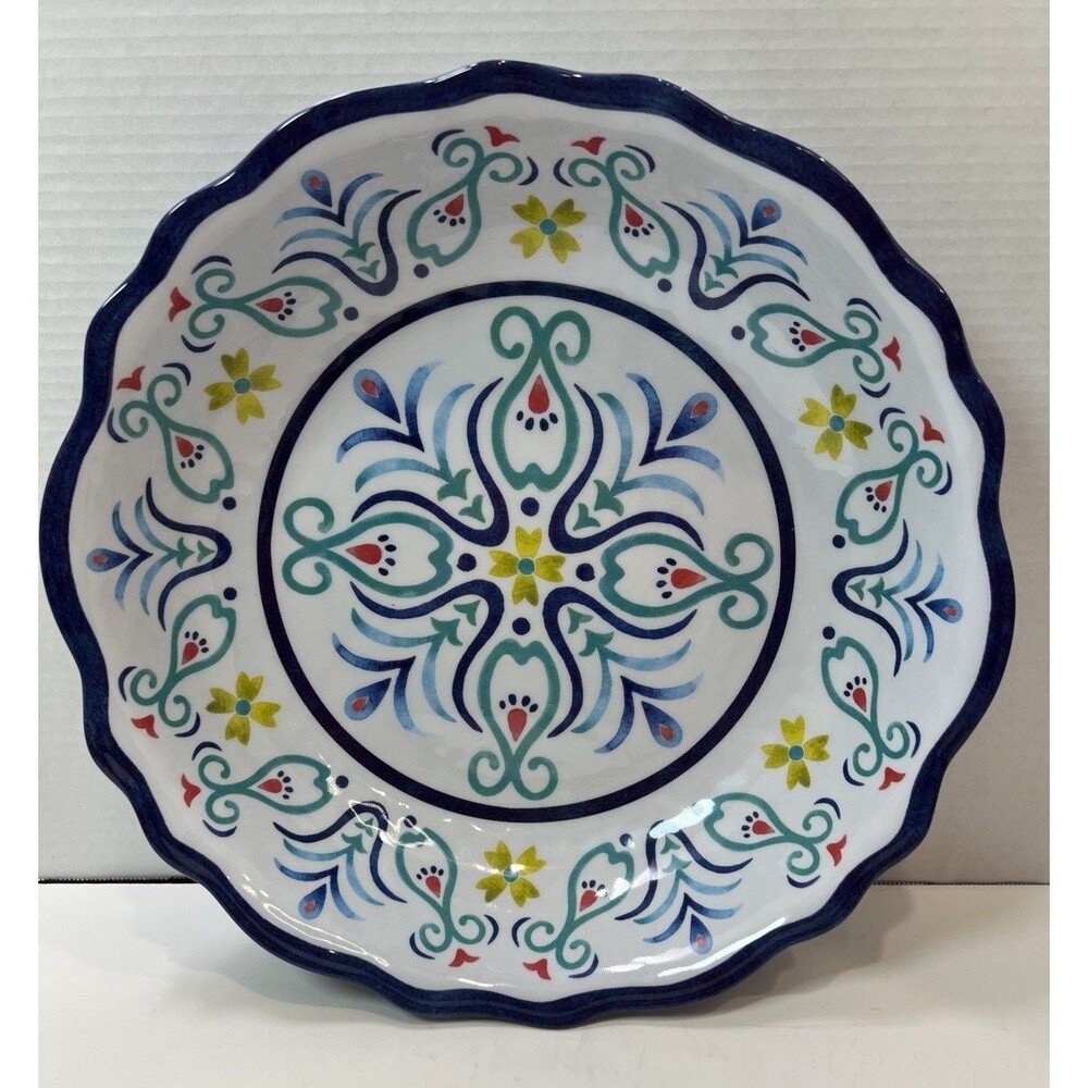 Melamine Blue Green Floral Serving Bowl 13.75” Boho Style Navy Salad Pasta